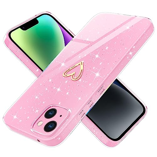 Yichxu Handyhülle für iPhone 14 Hülle Glitzer Gold Herz Love Silikon TPU Stoßfeste Schutz Bumper Case Cover Glänzend Ultra Dünn Kratzfeste Schutzhülle für iPhone 14 6,1 Zoll, Rosa von Yichxu