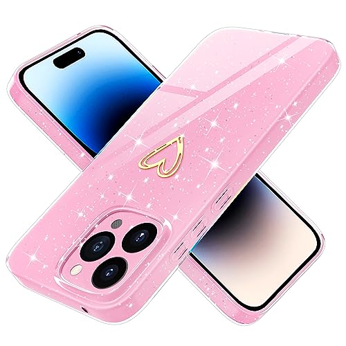 Yichxu Handyhülle für iPhone 14 Pro Hülle Glitzer Gold Herz Love Silikon TPU Stoßfeste Schutz Bumper Case Cover Glänzend Ultra Dünn Kratzfeste Schutzhülle für iPhone 14 Pro 6,1 Zoll, Rosa von Yichxu