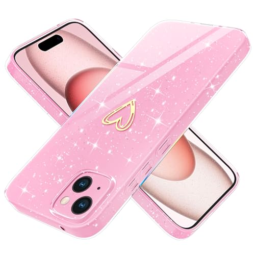 Yichxu Handyhülle für iPhone 15 Hülle Glitzer Gold Herz Love Silikon TPU Stoßfeste Schutz Bumper Case Cover Glänzend Ultra Dünn Kratzfeste Schutzhülle für iPhone 15 6,1 Zoll, Rosa von Yichxu