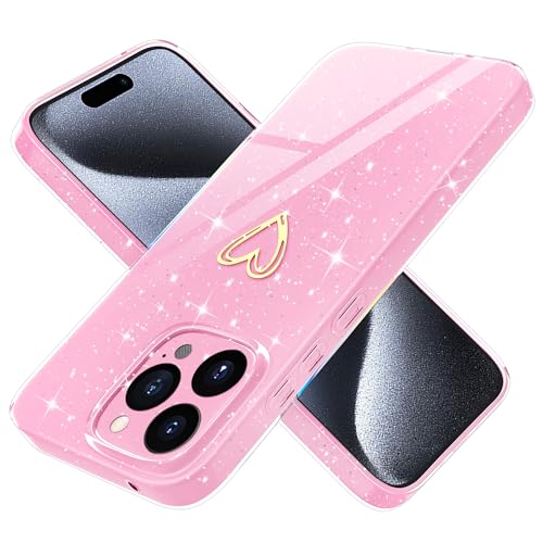 Yichxu Handyhülle für iPhone 15 Pro Hülle Glitzer Gold Herz Love Silikon TPU Stoßfeste Schutz Bumper Case Cover Glänzend Ultra Dünn Kratzfeste Schutzhülle für iPhone 15 Pro 6,1 Zoll, Rosa von Yichxu