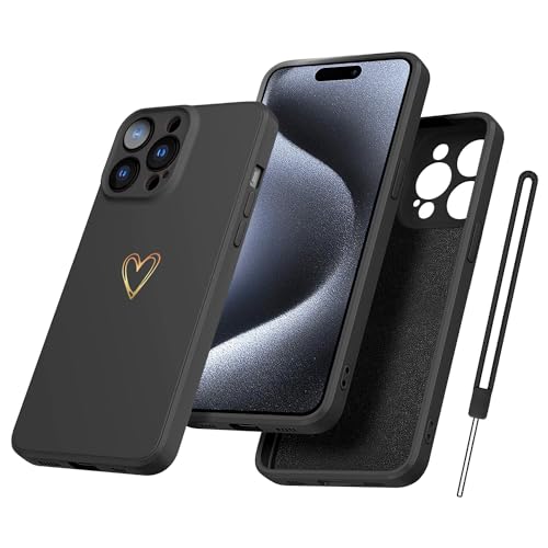 Yichxu Handyhülle für iPhone 15 Pro Hülle mit Band Kette Herz Love Silikon Weich TPU Stoßfeste Schutz Bumper Case Ultra Dünn Kratzfeste Schutzhülle für iPhone 15 Pro, Schwarz von Yichxu