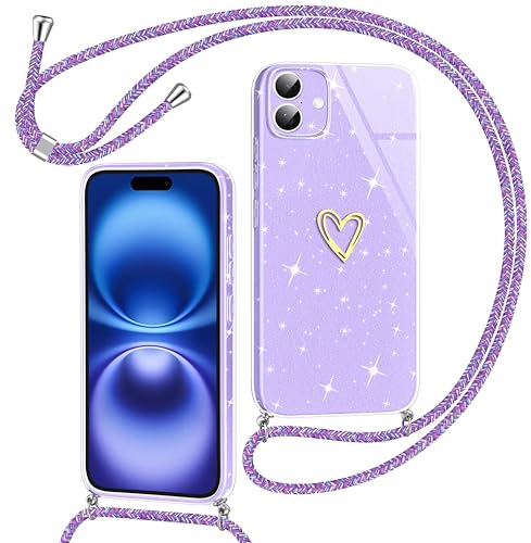Yichxu Handykette für iPhone 16 Hülle mit Band, Glitzer Herz Galvanik Silikon Handyhülle Kordel zum Umhängen, Schutzhülle mit Kette TPU Gel Stoßfest Necklace Handy Hülle für iPhone 16 6.1", Lila Yichxu Handykette für iPhone 16 Hülle mit Band, Glitzer Herz Galvanik Silikon Handyhülle Kordel zum Umhängen, Schutzhülle mit Kette TPU Gel Stoßfest Necklace Handy Hülle für iPhone 16 6.1", Lila von Yichxu