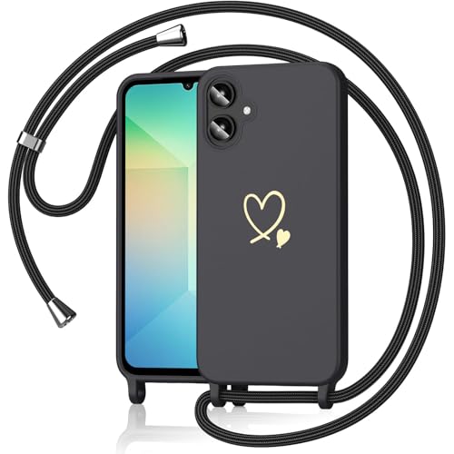Yichxu Handykette für Samsung Galaxy A06 Hülle mit Band, Herz Design Necklace Handyhülle zum Umhängen Kordel, Stoßfest Schutzhülle mit Kette, Liquid Silikon Case für Samsung A06 Schwarz von Yichxu