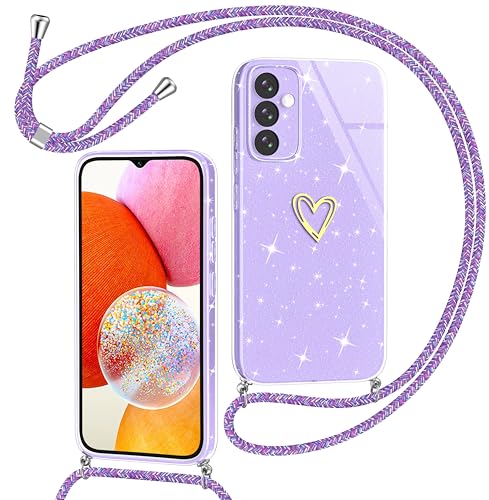 Yichxu Handykette für Samsung Galaxy A14 Hülle mit Band, Glitzer Herz Silikon Handyhülle Kordel zum Umhängen, Schutzhülle mit Kette TPU Stoßfest Necklace Handy Hülle für Samsung A14 4G/5G, Lila von Yichxu