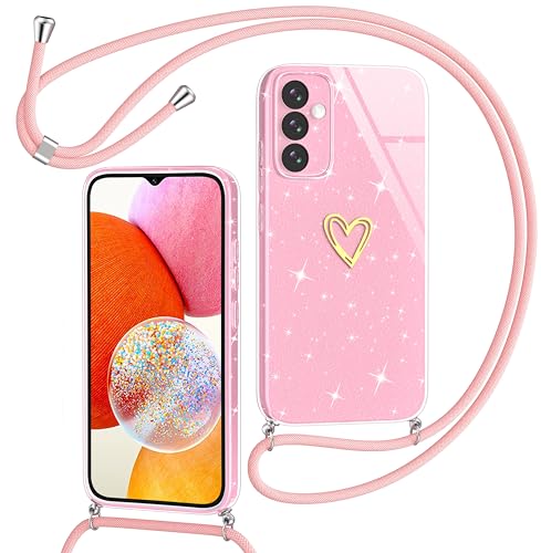 Yichxu Handykette für Samsung Galaxy A14 Hülle mit Band, Glitzer Herz Silikon Handyhülle Kordel zum Umhängen, Schutzhülle mit Kette TPU Stoßfest Necklace Handy Hülle für Samsung A14 4G/5G, Rosa von Yichxu