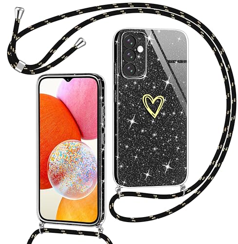 Yichxu Handykette für Samsung Galaxy A14 Hülle mit Band, Glitzer Herz Silikon Handyhülle Kordel zum Umhängen, Schutzhülle mit Kette TPU Stoßfest Necklace Handy Hülle für Samsung A14 4G/5G, Schwarz von Yichxu