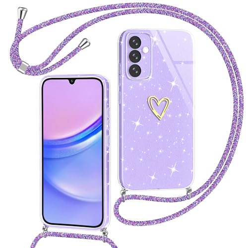 Yichxu Handykette für Samsung Galaxy A15 Hülle mit Band, Glitzer Herz Silikon Handyhülle Kordel zum Umhängen, Schutzhülle mit Kette TPU Stoßfest Necklace Handy Hülle für Samsung A15 4G/5G, Lila von Yichxu