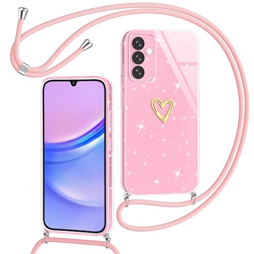 Yichxu Handykette für Samsung Galaxy A15 Hülle mit Band, Glitzer Herz Silikon Handyhülle Kordel zum Umhängen, Schutzhülle mit Kette TPU Stoßfest Necklace Handy Hülle für Samsung A15 4G/5G, Rosa von Yichxu