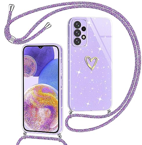 Yichxu Handykette für Samsung Galaxy A23 Hülle mit Band, Glitzer Herz Silikon Handyhülle Kordel zum Umhängen, Schutzhülle mit Kette TPU Stoßfest Handy Necklace Hülle für Samsung A23 4G/5G, Lila von Yichxu