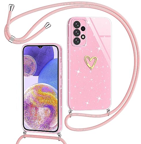 Yichxu Handykette für Samsung Galaxy A23 Hülle mit Band, Glitzer Herz Silikon Handyhülle Kordel zum Umhängen, Schutzhülle mit Kette TPU Stoßfest Handy Necklace Hülle für Samsung A23 4G/5G, Rosa von Yichxu