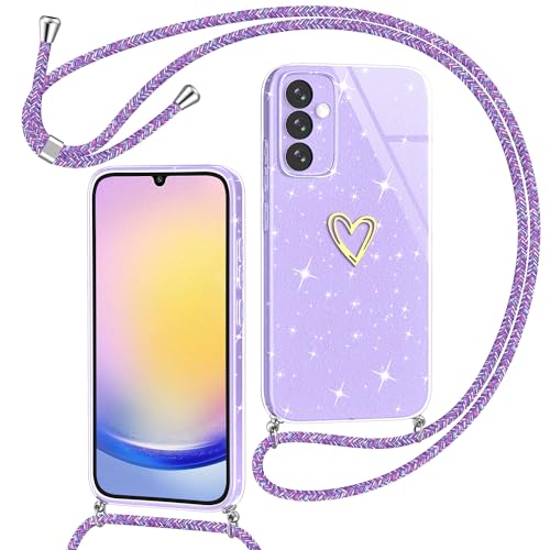 Yichxu Handykette für Samsung Galaxy A25 Hülle mit Band, Glitzer Herz Silikon Handyhülle Kordel zum Umhängen, Schutzhülle mit Kette TPU Gel Stoßfest Necklace Handy Hülle für Samsung A25 5G, Lila von Yichxu