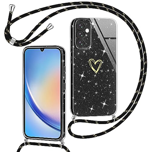 Yichxu Handykette für Samsung Galaxy A34 5G Hülle mit Band, Glitzer Herz Silikon Handyhülle Kordel zum Umhängen, Schutzhülle mit Kette TPU Gel Stoßfest Handy Necklace Hülle für Samsung A34 5G, Schwarz von Yichxu