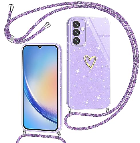 Yichxu Handykette für Samsung Galaxy A34 5G Hülle mit Band, Glitzer Herz Silikon Handyhülle Kordel zum Umhängen, Schutzhülle mit Kette TPU Gel Stoßfest Handy Necklace Hülle für Samsung A34 5G, Lila von Yichxu