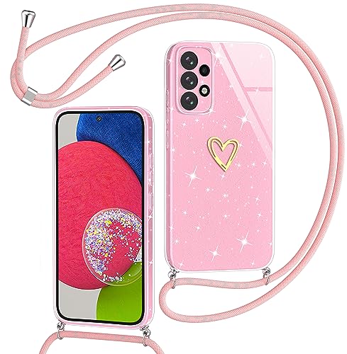 Yichxu Handykette für Samsung Galaxy A52S 5G Hülle mit Band, Glitzer Herz Silikon Handyhülle Kordel zum Umhängen, Schutzhülle mit Kette TPU Stoßfest Handy Necklace Hülle für Samsung A52 4G/5G, Rosa von Yichxu