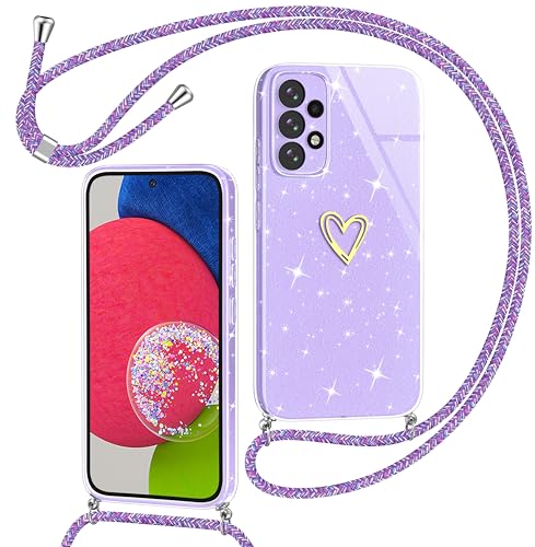 Yichxu Handykette für Samsung Galaxy A52S 5G Hülle mit Band, Glitzer Herz Silikon Handyhülle Kordel zum Umhängen, Schutzhülle mit Kette TPU Stoßfest Handy Necklace Hülle für Samsung A52 4G/5G, Lila von Yichxu