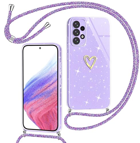 Yichxu Handykette für Samsung Galaxy A53 5G Hülle mit Band, Glitzer Herz Silikon Handyhülle Kordel zum Umhängen, Schutzhülle mit Kette TPU Gel Stoßfest Necklace Handy Hülle für Samsung A53 5G, Lila von Yichxu