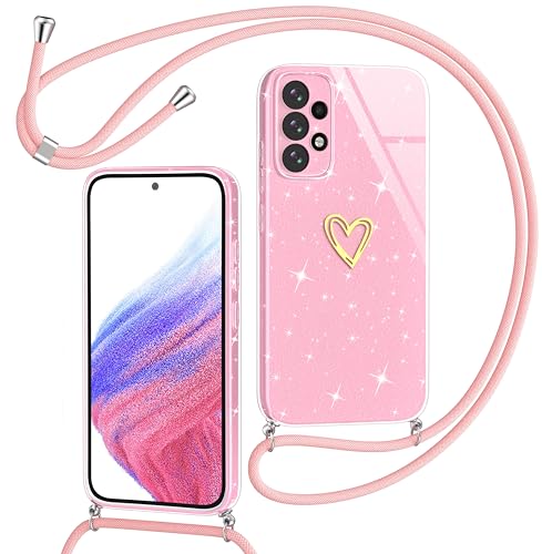 Yichxu Handykette für Samsung Galaxy A53 5G Hülle mit Band, Glitzer Herz Silikon Handyhülle Kordel zum Umhängen, Schutzhülle mit Kette TPU Gel Stoßfest Necklace Handy Hülle für Samsung A53 5G, Rosa von Yichxu