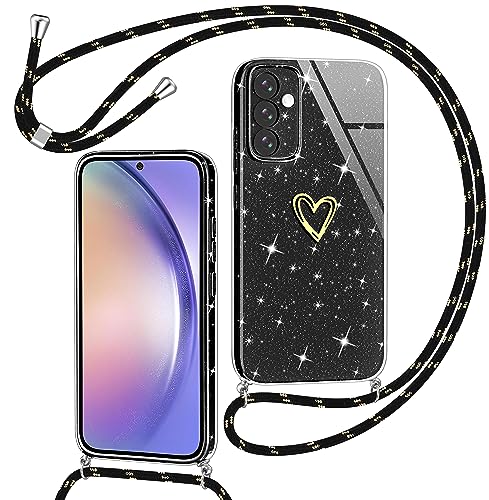 Yichxu Handykette für Samsung Galaxy A54 5G Hülle mit Band, Glitzer Herz Silikon Handyhülle Kordel zum Umhängen, Schutzhülle mit Kette TPU Gel Stoßfest Handy Necklace Hülle für Samsung A54 5G, Schwarz von Yichxu