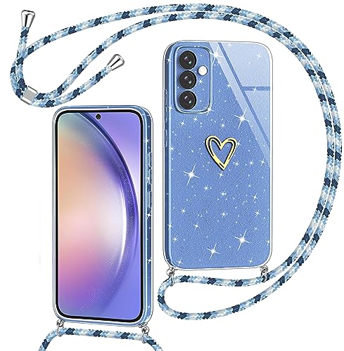 Yichxu Handykette für Samsung Galaxy A54 5G Hülle mit Band, Glitzer Herz Silikon Handyhülle Kordel zum Umhängen, Schutzhülle mit Kette TPU Gel Stoßfest Handy Necklace Hülle für Samsung A54 5G, Blau von Yichxu