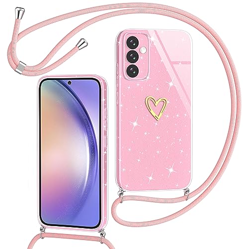 Yichxu Handykette für Samsung Galaxy A54 5G Hülle mit Band, Glitzer Herz Silikon Handyhülle Kordel zum Umhängen, Schutzhülle mit Kette TPU Gel Stoßfest Handy Necklace Hülle für Samsung A54 5G, Rosa von Yichxu