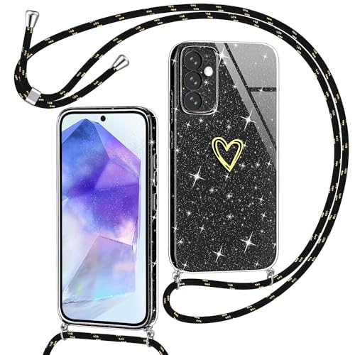 Yichxu Handykette für Samsung Galaxy A55 Hülle mit Band, Glitzer Herz Silikon Handyhülle Kordel zum Umhängen, Schutzhülle mit Kette TPU Gel Stoßfest Necklace Handy Hülle für Samsung A55 5G, Schwarz Yichxu Handykette für Samsung Galaxy A55 Hülle mit Band, Glitzer Herz Silikon Handyhülle Kordel zum Umhängen, Schutzhülle mit Kette TPU Gel Stoßfest Necklace Handy Hülle für Samsung A55 5G, Schwarz von Yichxu