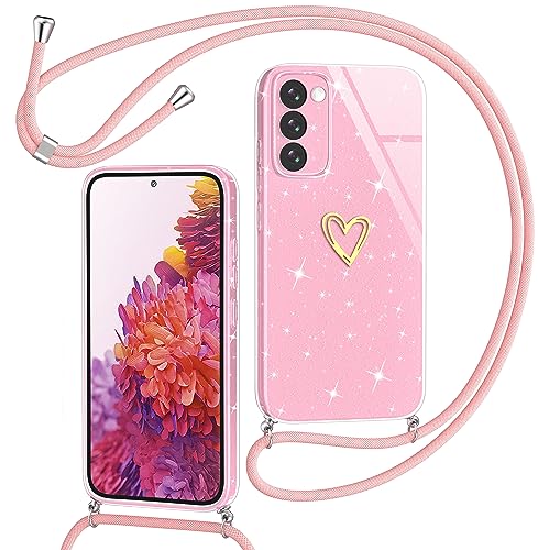 Yichxu Handykette für Samsung Galaxy S20 FE Hülle mit Band, Glitzer Herz Silikon Handyhülle Kordel zum Umhängen, Schutzhülle mit Kette TPU Stoßfest Handy Necklace Hülle für Samsung S20 FE 4G/5G, Rosa von Yichxu