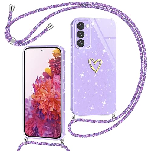 Yichxu Handykette für Samsung Galaxy S20 FE Hülle mit Band, Glitzer Herz Silikon Handyhülle Kordel zum Umhängen, Schutzhülle mit Kette TPU Stoßfest Handy Necklace Hülle für Samsung S20 FE 4G/5G, Lila von Yichxu