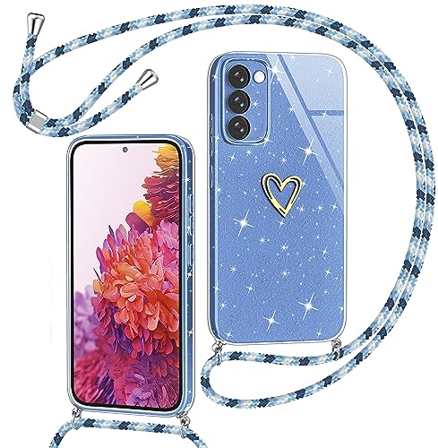 Yichxu Handykette für Samsung Galaxy S20 FE Hülle mit Band, Glitzer Herz Silikon Handyhülle Kordel zum Umhängen, Schutzhülle mit Kette TPU Stoßfest Handy Necklace Hülle für Samsung S20 FE 4G/5G, Blau von Yichxu