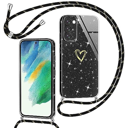 Yichxu Handykette für Samsung Galaxy S21 FE 5G Hülle mit Band, Glitzer Herz Silikon Handyhülle Kordel zum Umhängen, Schutzhülle mit Kette TPU Stoßfest Handy Necklace Hülle für Samsung S21 FE, Schwarz von Yichxu