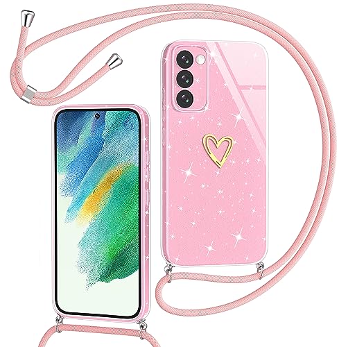 Yichxu Handykette für Samsung Galaxy S21 FE 5G Hülle mit Band, Glitzer Herz Silikon Handyhülle Kordel zum Umhängen, Schutzhülle mit Kette TPU Stoßfest Handy Necklace Hülle für Samsung S21 FE 5G, Rosa von Yichxu