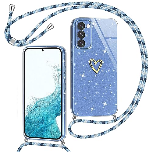 Yichxu Handykette für Samsung Galaxy S22 Hülle mit Band, Glitzer Herz Silikon Handyhülle Kordel zum Umhängen, Schutzhülle mit Kette TPU Gel Stoßfest Handy Necklace Hülle für Samsung S22 5G, Blau von Yichxu