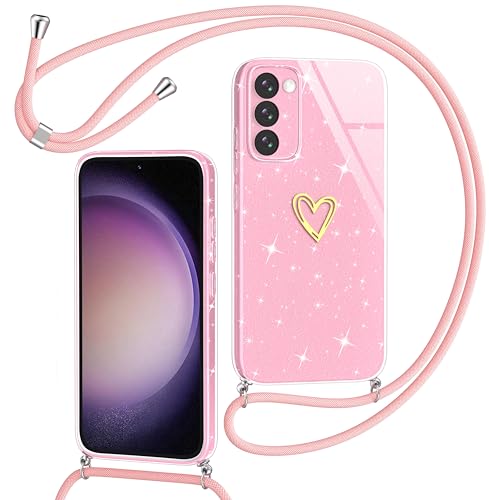 Yichxu Handykette für Samsung Galaxy S23 Hülle mit Band, Glitzer Herz Silikon Handyhülle Kordel zum Umhängen, Schutzhülle mit Kette TPU Gel Stoßfest Necklace Handy Hülle für Samsung S23 5G, Rosa von Yichxu