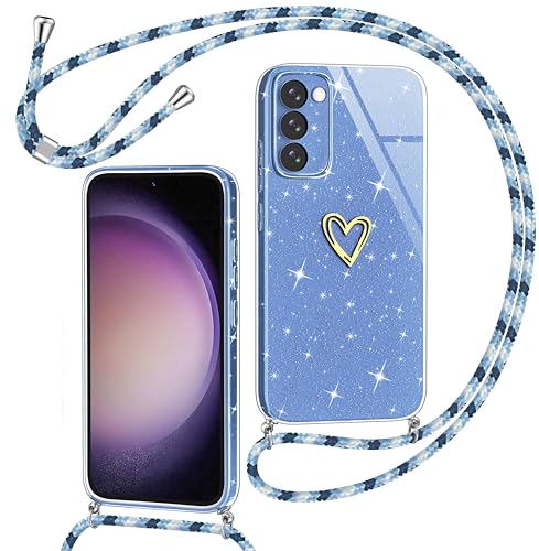 Yichxu Handykette für Samsung Galaxy S23 Hülle mit Band, Glitzer Herz Silikon Handyhülle Kordel zum Umhängen, Schutzhülle mit Kette TPU Gel Stoßfest Necklace Handy Hülle für Samsung S23 5G, Blau von Yichxu