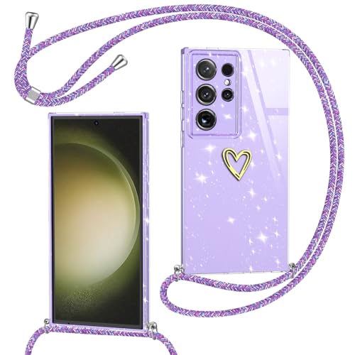 Yichxu Handykette für Samsung Galaxy S23 Ultra Hülle mit Band, Glitzer Herz Silikon Handyhülle Kordel zum Umhängen, Schutzhülle mit Kette Stoßfest Necklace Handy Hülle für Samsung S23 Ultra 5G, Lila von Yichxu