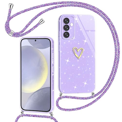 Yichxu Handykette für Samsung Galaxy S24 Plus Hülle mit Band, Glitzer Herz Silikon Handyhülle Kordel zum Umhängen, Schutzhülle mit Kette Gel Stoßfest Necklace Handy Hülle für Samsung S24 Plus 5G Lila von Yichxu