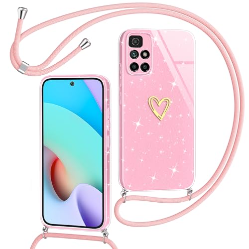 Yichxu Handykette für Xiaomi Redmi 10 /Redmi 10 2022 Hülle mit Band, Glitzer Herz Silikon Handyhülle Kordel zum Umhängen, Schutzhülle mit Kette Stoßfest Necklace Handy Hülle für Redmi 10, Rosa von Yichxu