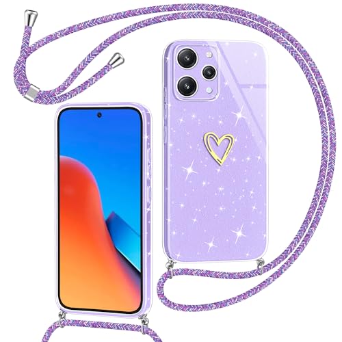 Yichxu Handykette für Xiaomi Redmi 12 4G Hülle mit Band, Glitzer Herz Silikon Handyhülle Kordel zum Umhängen, Schutzhülle mit Kette Stoßfest Necklace Handy Hülle für Redmi 12 4G (6.79"), Lila von Yichxu