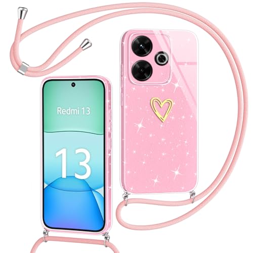 Yichxu Handykette für Xiaomi Redmi 13 4G Hülle mit Band, Glitzer Herz Silikon Handyhülle Kordel zum Umhängen, Schutzhülle mit Kette Stoßfest Necklace Handy Hülle für Redmi 13 4G (6.79"), Rosa von Yichxu