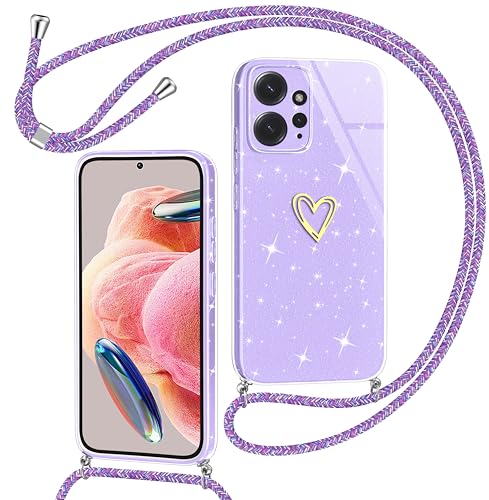 Yichxu Handykette für Xiaomi Redmi Note 12 4G Hülle mit Band, Glitzer Herz Silikon Handyhülle Kordel zum Umhängen, Schutzhülle mit Kette Stoßfest Necklace Handy Hülle für Redmi Note 12 4G, Lila von Yichxu