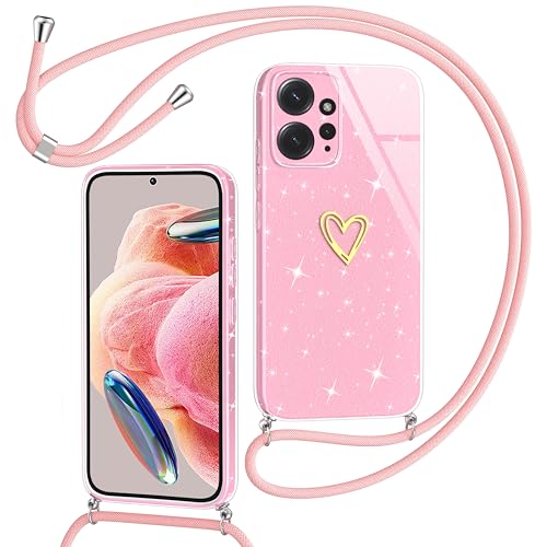 Yichxu Handykette für Xiaomi Redmi Note 12 4G Hülle mit Band, Glitzer Herz Silikon Handyhülle Kordel zum Umhängen, Schutzhülle mit Kette Stoßfest Necklace Handy Hülle für Redmi Note 12 4G, Rosa von Yichxu