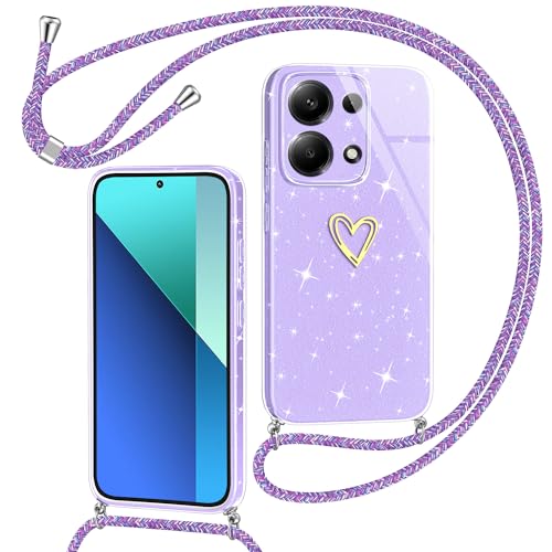 Yichxu Handykette für Xiaomi Redmi Note 13 4G (Nicht für 5G) Hülle mit Band, Glitzer Herz Silikon Handyhülle Kordel, Schutzhülle mit Kette Stoßfest Handy Necklace Hülle für Redmi Note 13 4G, Lila von Yichxu