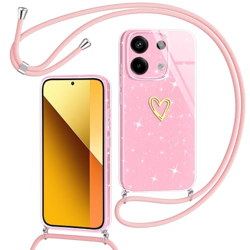 Yichxu Handykette für Xiaomi Redmi Note 13 5G (Nicht für 4G) Hülle mit Band, Glitzer Herz Silikon Handyhülle Kordel, Schutzhülle mit Kette Stoßfest Handy Necklace Hülle für Redmi Note 13 5G, Rosa von Yichxu