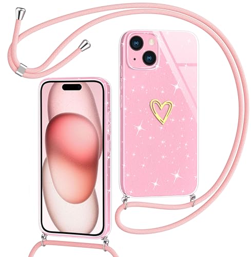 Yichxu Handykette für iPhone 15 Hülle mit Band, Glitzer Herz Galvanik Silikon Handyhülle Kordel zum Umhängen, Schutzhülle mit Kette TPU Gel Stoßfest Necklace Handy Hülle für iPhone 15 6.1", Rosa von Yichxu