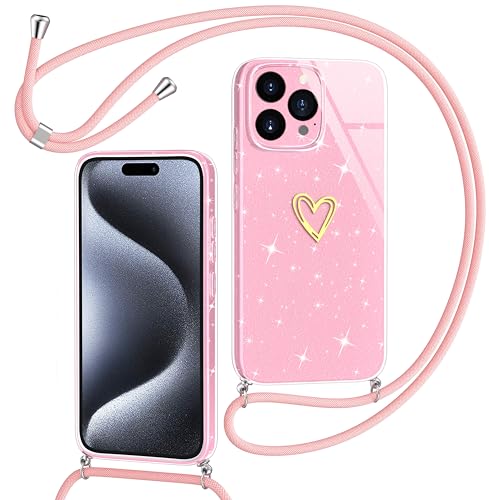 Yichxu Handykette für iPhone 15 Pro Hülle mit Band, Glitzer Herz Galvanik Silikon Handyhülle Kordel zum Umhängen, Schutzhülle mit Kette TPU Gel Stoßfest Necklace Handy Hülle für iPhone 15 Pro, Rosa von Yichxu