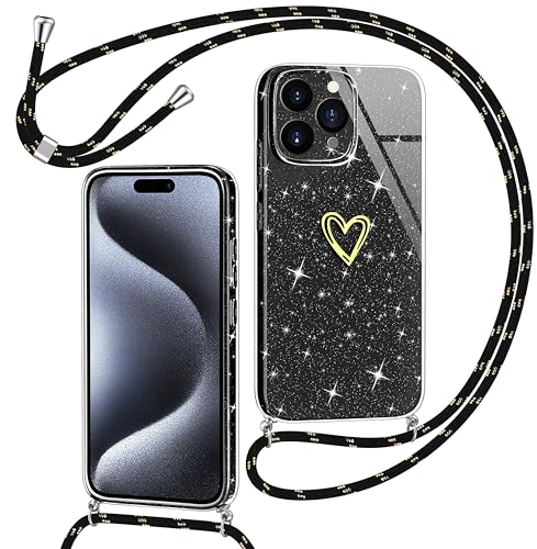 Yichxu Handykette für iPhone 15 Pro Hülle mit Band, Glitzer Herz Galvanik Silikon Handyhülle Kordel zum Umhängen, Schutzhülle mit Kette TPU Gel Stoßfest Necklace Handy Hülle für iPhone 15 Pro, Schwarz von Yichxu