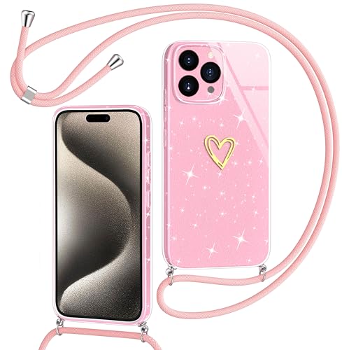 Yichxu Handykette für iPhone 15 Pro Max Hülle mit Band, Glitzer Herz Silikon Handyhülle Kordel zum Umhängen, Schutzhülle mit Kette TPU Gel Stoßfest Necklace Handy Hülle für iPhone 15 Pro Max, Rosa von Yichxu