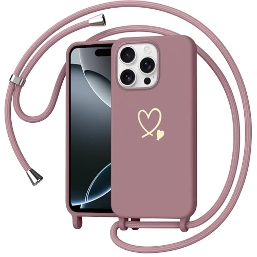 Yichxu Handykette für iPhone 16 Pro Hülle mit Band, Herz Design Necklace Handyhülle zum Umhängen Kordel, Stoßfest Schutzhülle mit Kette, Weich TPU Liquid Silikon Case für iPhone 16 Pro, Rosa von Yichxu