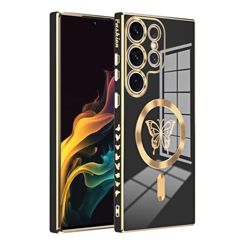 Yichxu für Samsung Galaxy S25 Ultra 5G Hülle für MagSafe Stoßfest Kratzfest Handyhülle Case mit Kameraschutz, Galvanisierung Schmetterlings Muster Magnetisch Schutzhülle für Samsung S25 Ultra, Schwarz von Yichxu