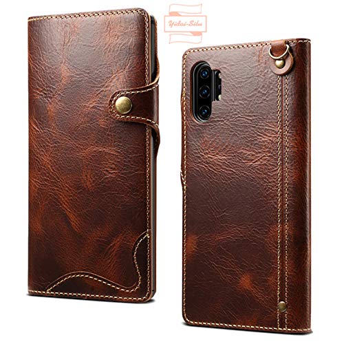 Yidai-Silu Galaxy Note 10+ Echt Leder Flip Case, 【Magnet Verschluss Knopf, Hakenring】 Wallet Case Geldbörse Hülle Handy Cover Portemonnaie für Samsung Galaxy Note 10+ Plus 5G 6,8" - Braun von Yidai-Silu