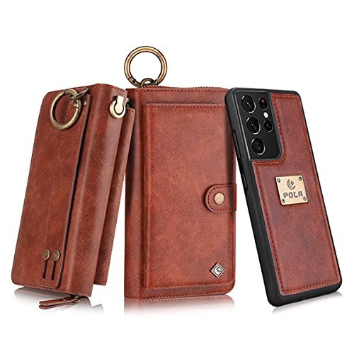 Yidai-Silu Galaxy S24 Ultra Wallet Case 【2 in 1 Abnehmbar Etui, Hand Strap, Schlüsselring】 Magnet Hülle Flip Cover Leder Portmonee Geldtasche für Samsung Galaxy S24 Ultra 6,8" - Braun von Yidai-Silu